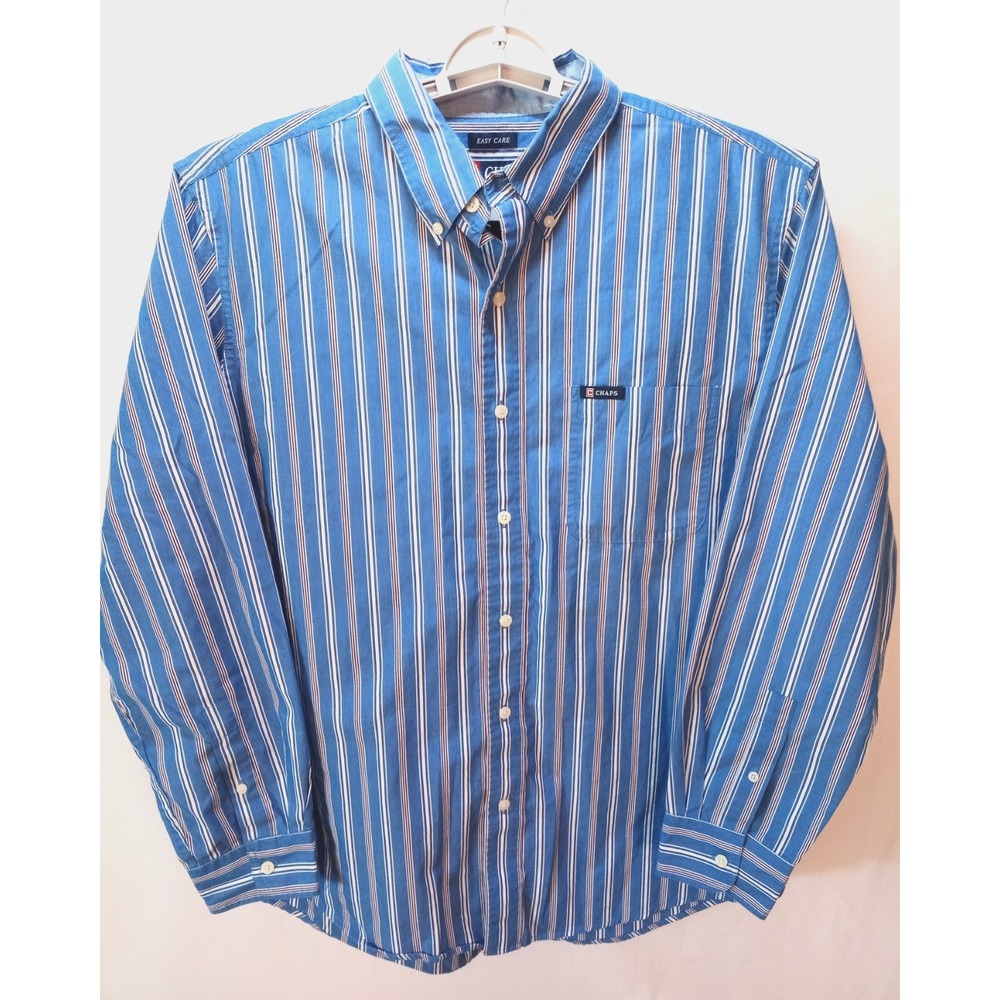 Chaps Easy Care Long Sleeve Button Down Men's Shirt, Large, Blue Stripes